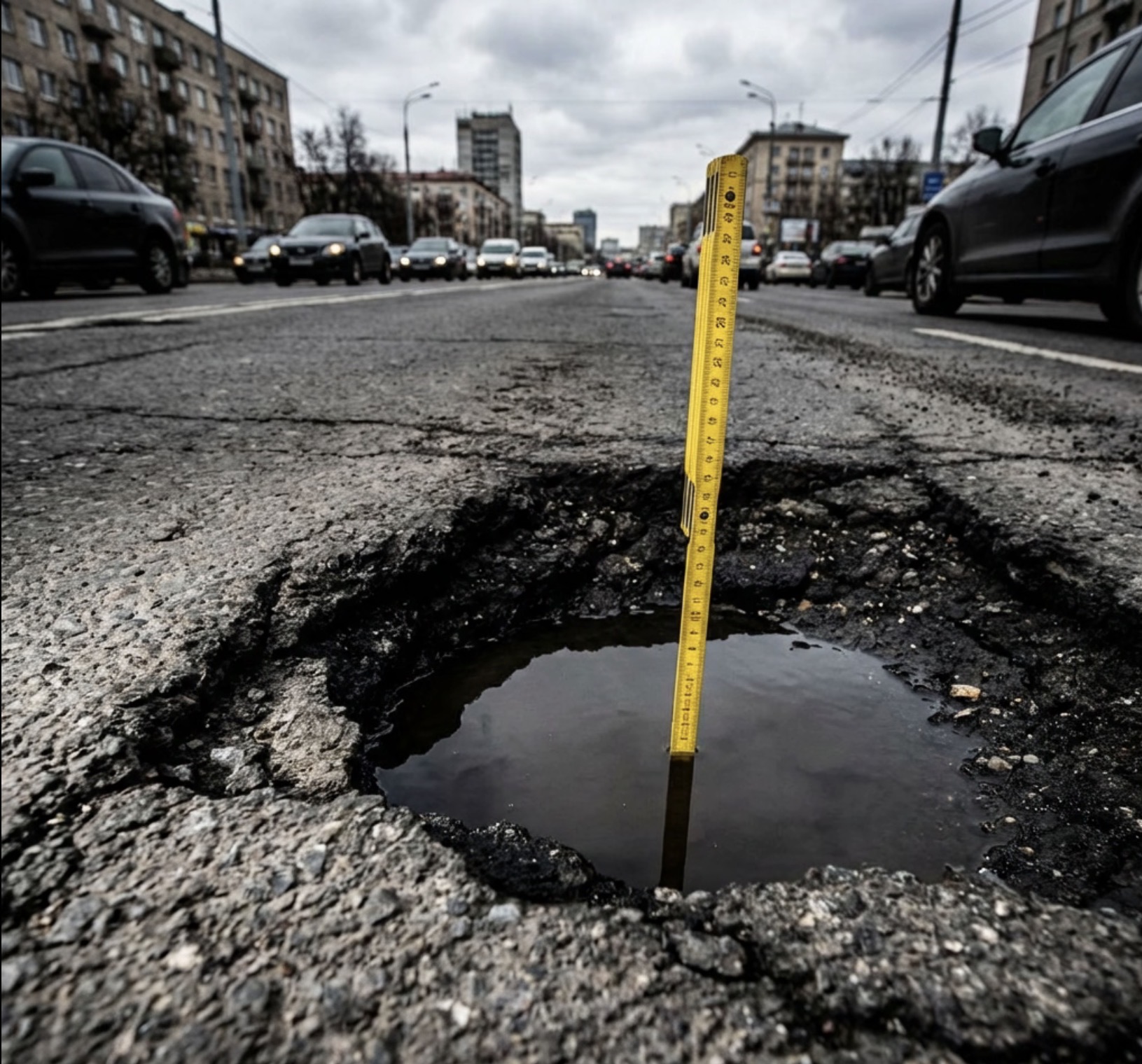 Pothole with yellow measuring tape showing depth