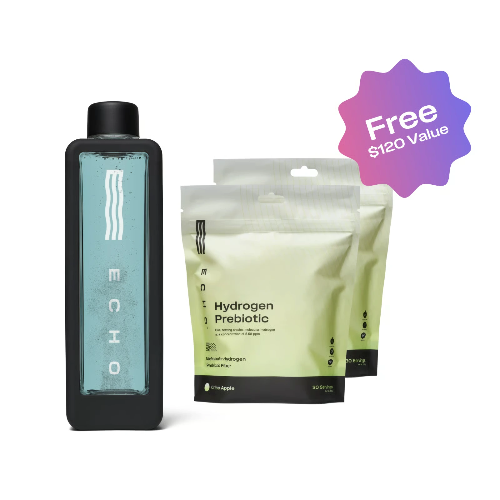 Echo Flask hydrogen water bottle bundled with two free 30-serving Hydrogen Prebiotic bags, a $120 value