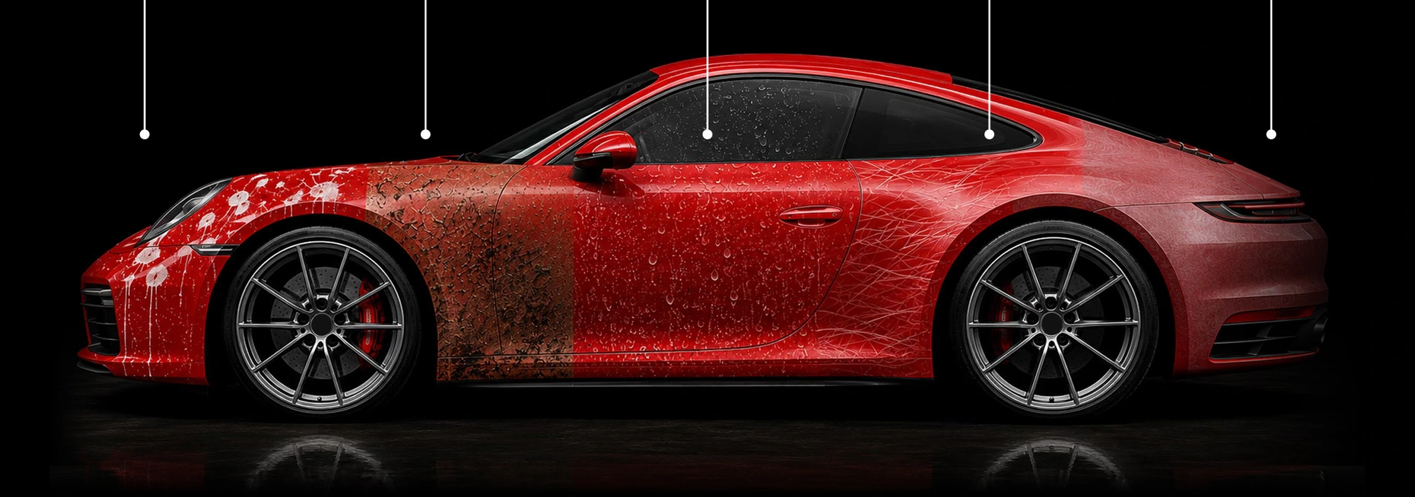 Red Porsche 911 showing how PPF protects against bird drops, road grime, water spots, rock chips, and UV damage