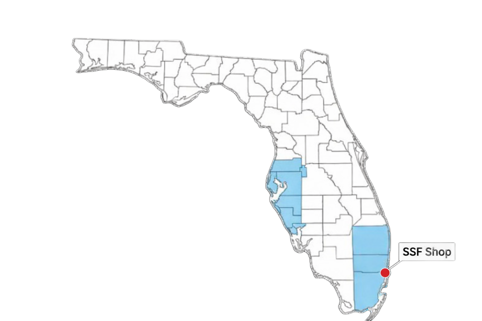 SSF Detail mobile detailing coverage map — South Florida and Tampa Bay