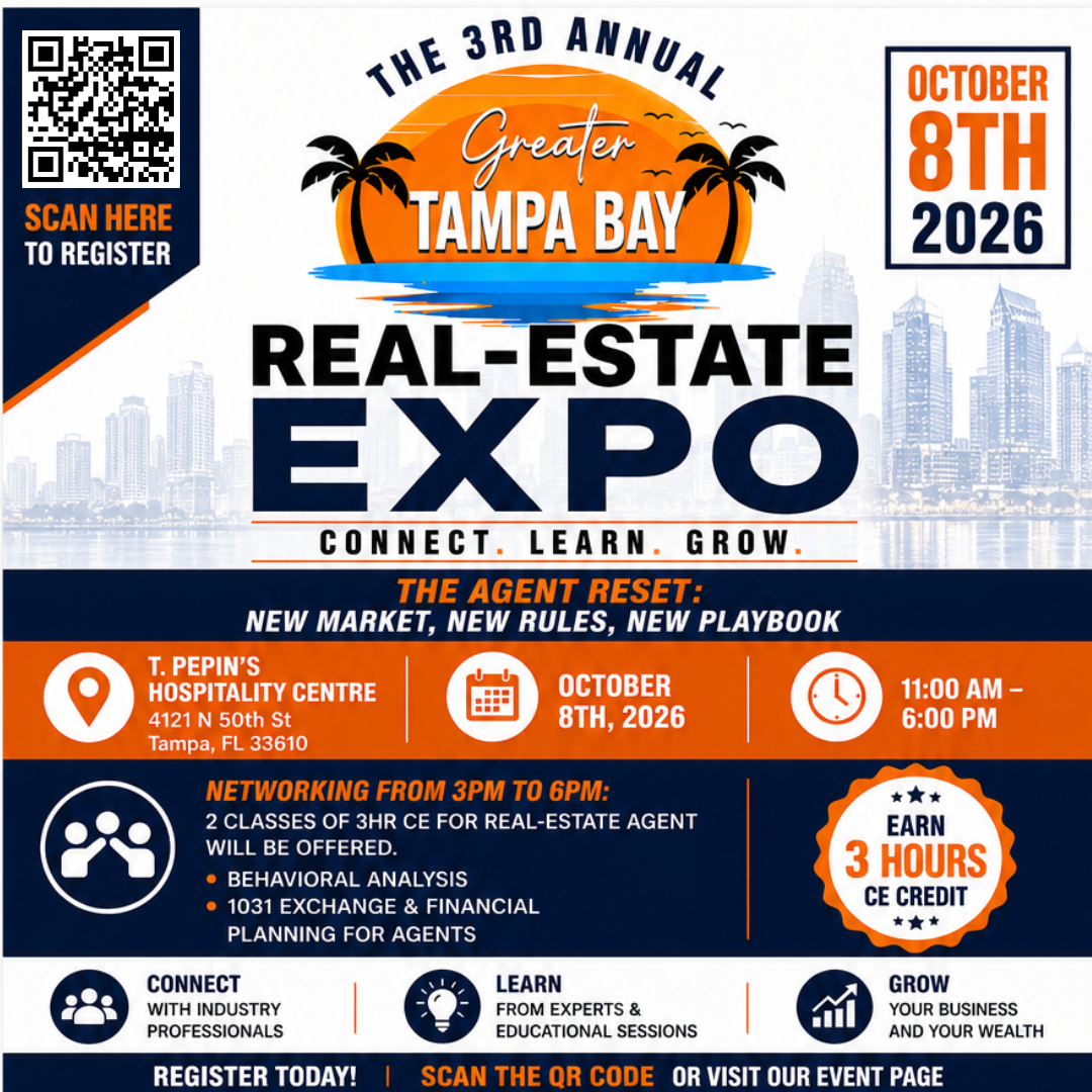 The 3rd Annual Greater Tampa Bay Real-Estate Expo flyer — scan the QR code or visit the event page to register