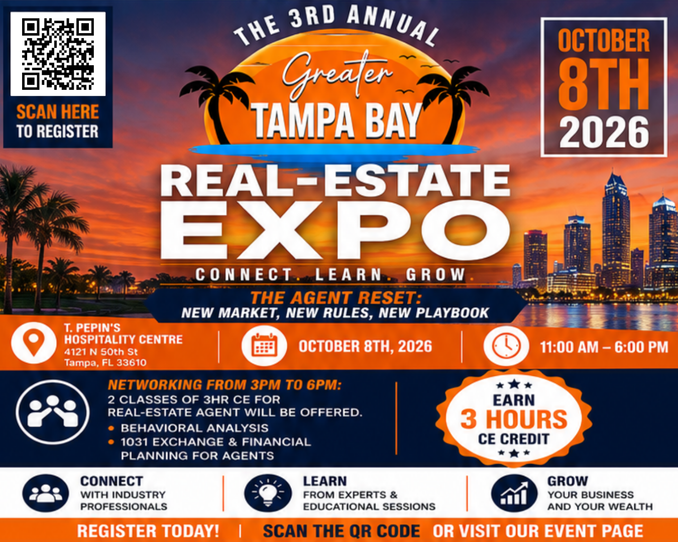 The 3rd Annual Greater Tampa Bay Real-Estate Expo event flyer — October 8th, 2026 at T. Pepin's Hospitality Centre