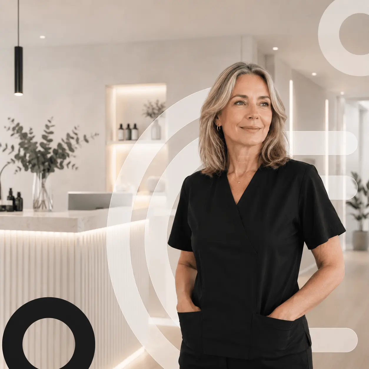 Aesthetics clinic owner at her reception desk