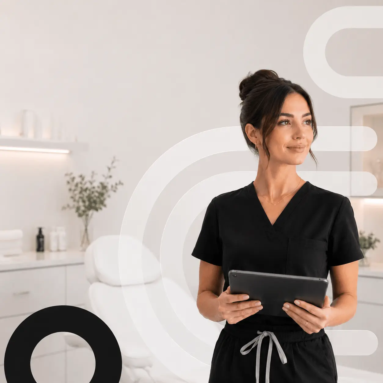 Beauty clinic owner reviewing patient notes on a tablet