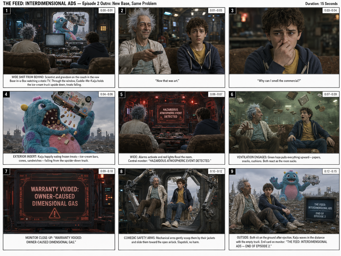 The Feed Interdimensional Ads Episode 2 storyboard showing nine scene panels for the outro sequence