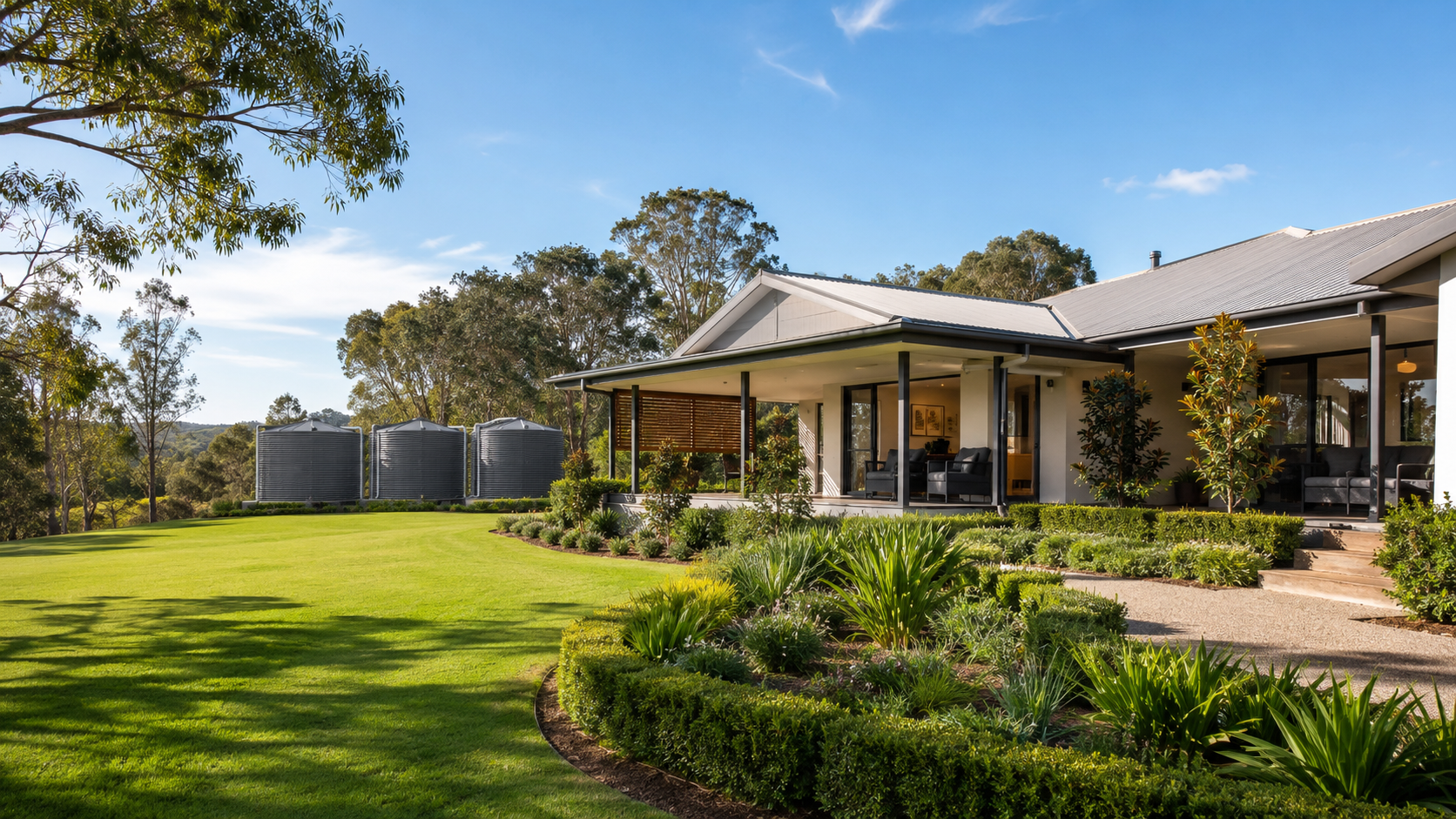 Modern Sunshine Coast home with a residential rainwater tank on a bright sunny day