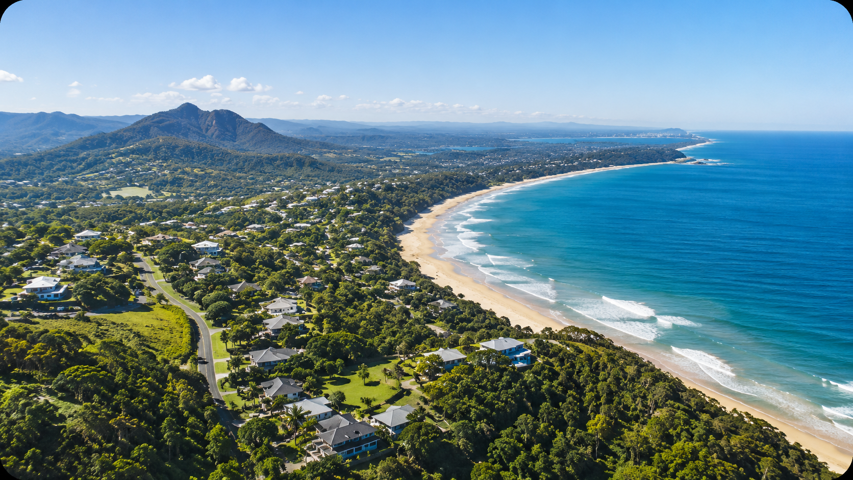 Aerial view of the Sunshine Coast coastline and hinterland in Queensland