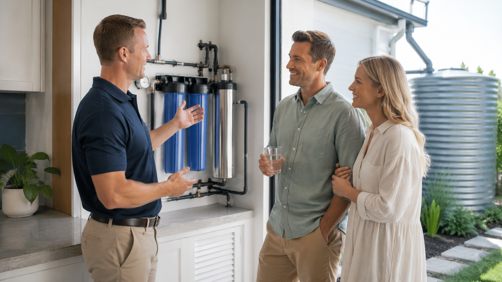 Pristine Water Systems specialist explaining a home water filtration system to local homeowners