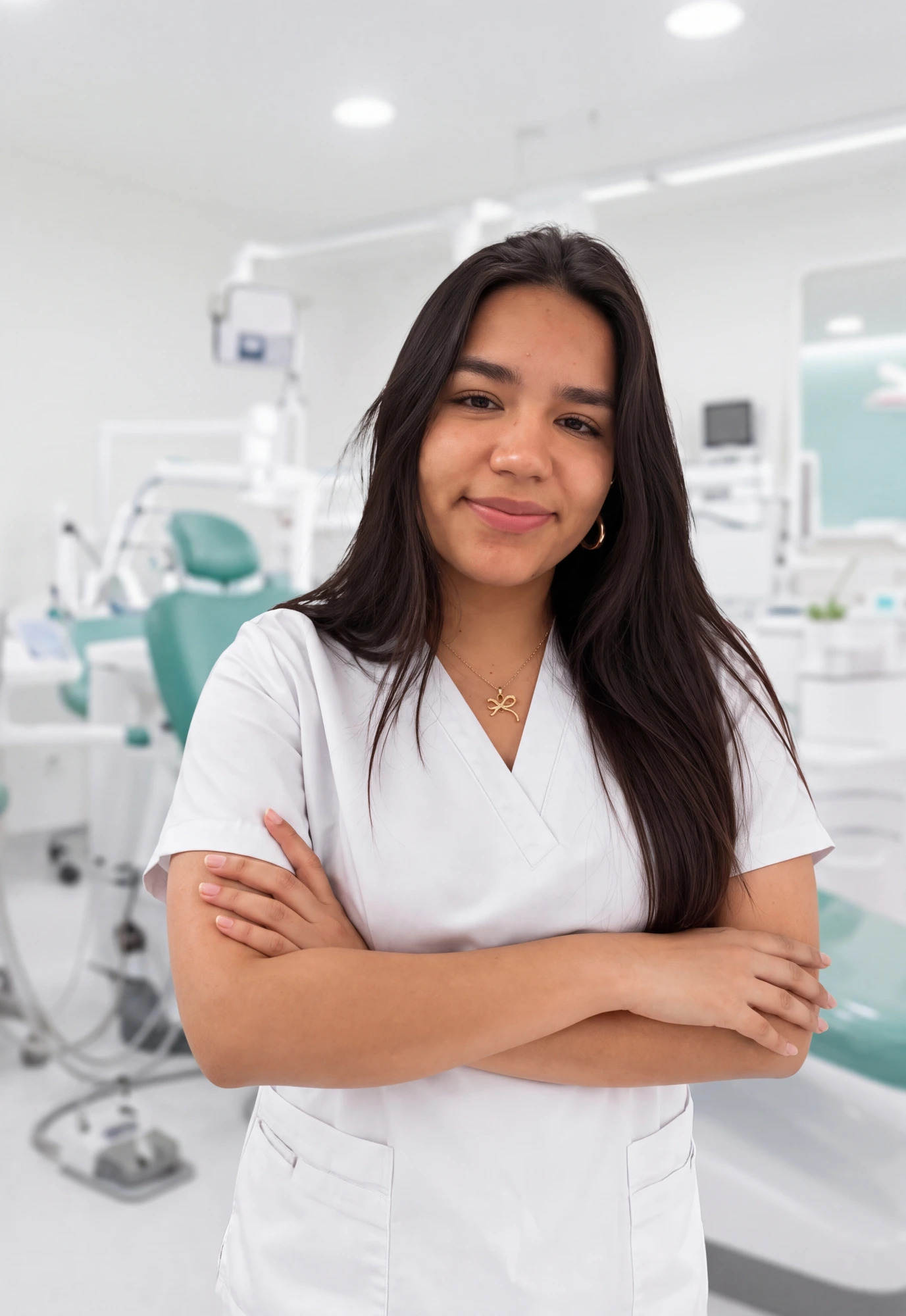 Rebeca García, estudiante de odontología con bata blanca