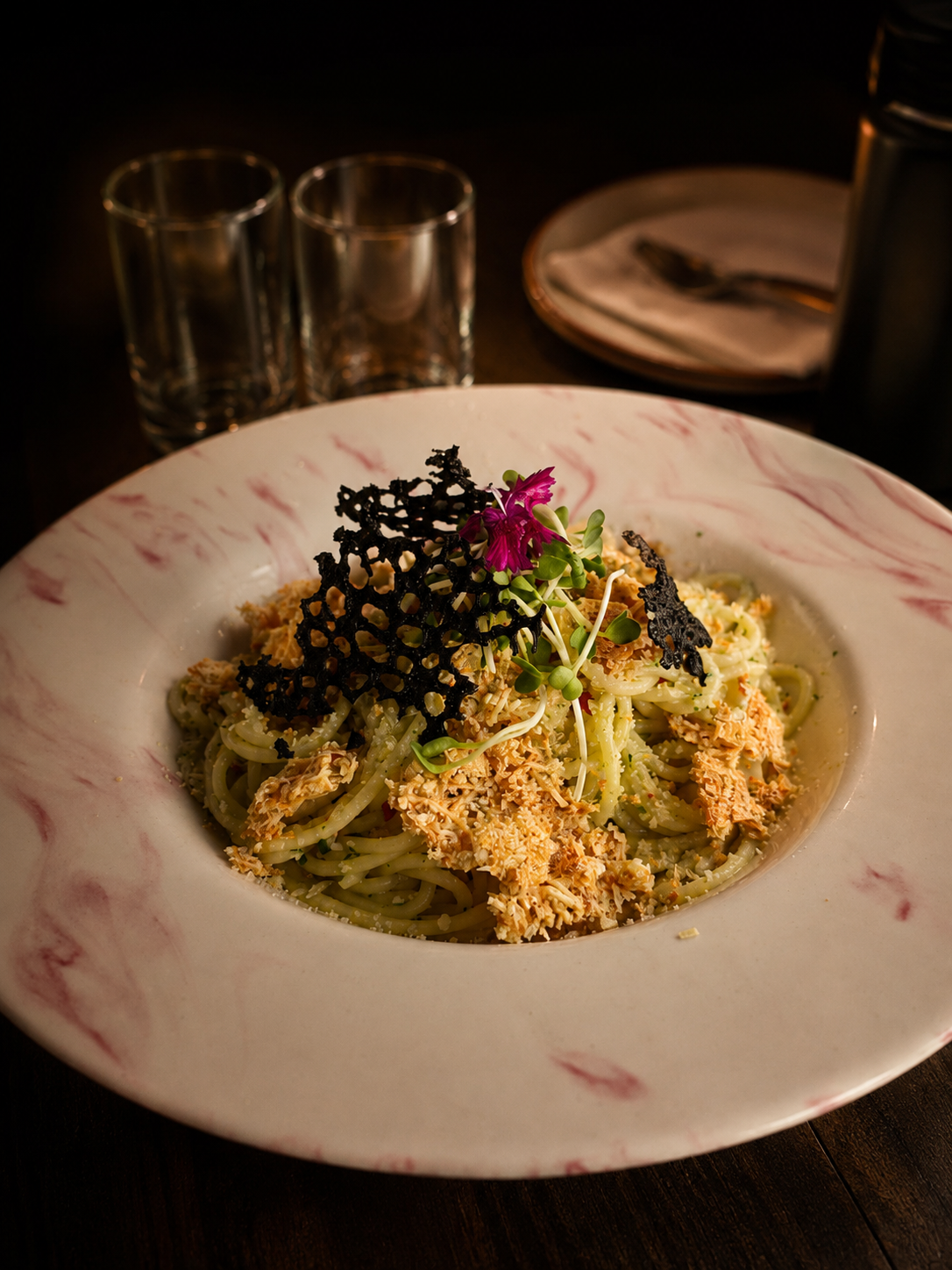 Spaghetti al Pesto, Herb Crumble & Parmesan Waffles