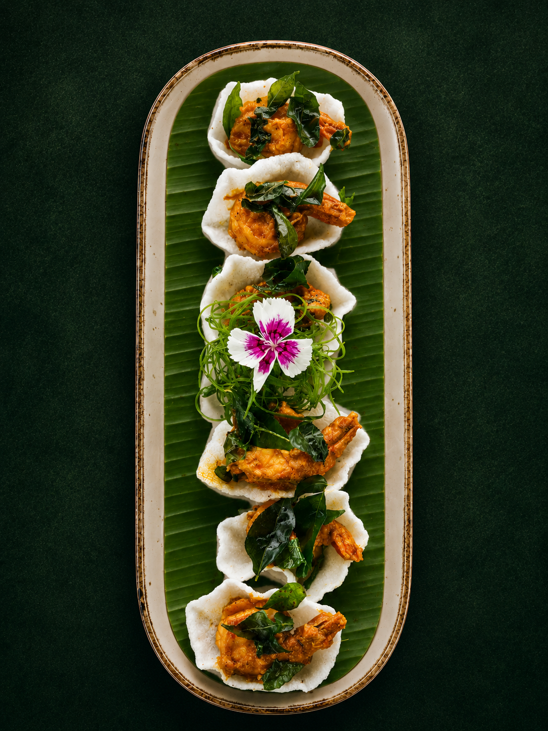 Prawns Chettinad, on a rice cracker
