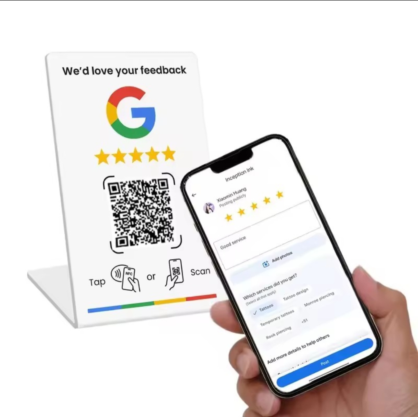 Espositore da banco TapGoogle.com con QR code e chip NFC