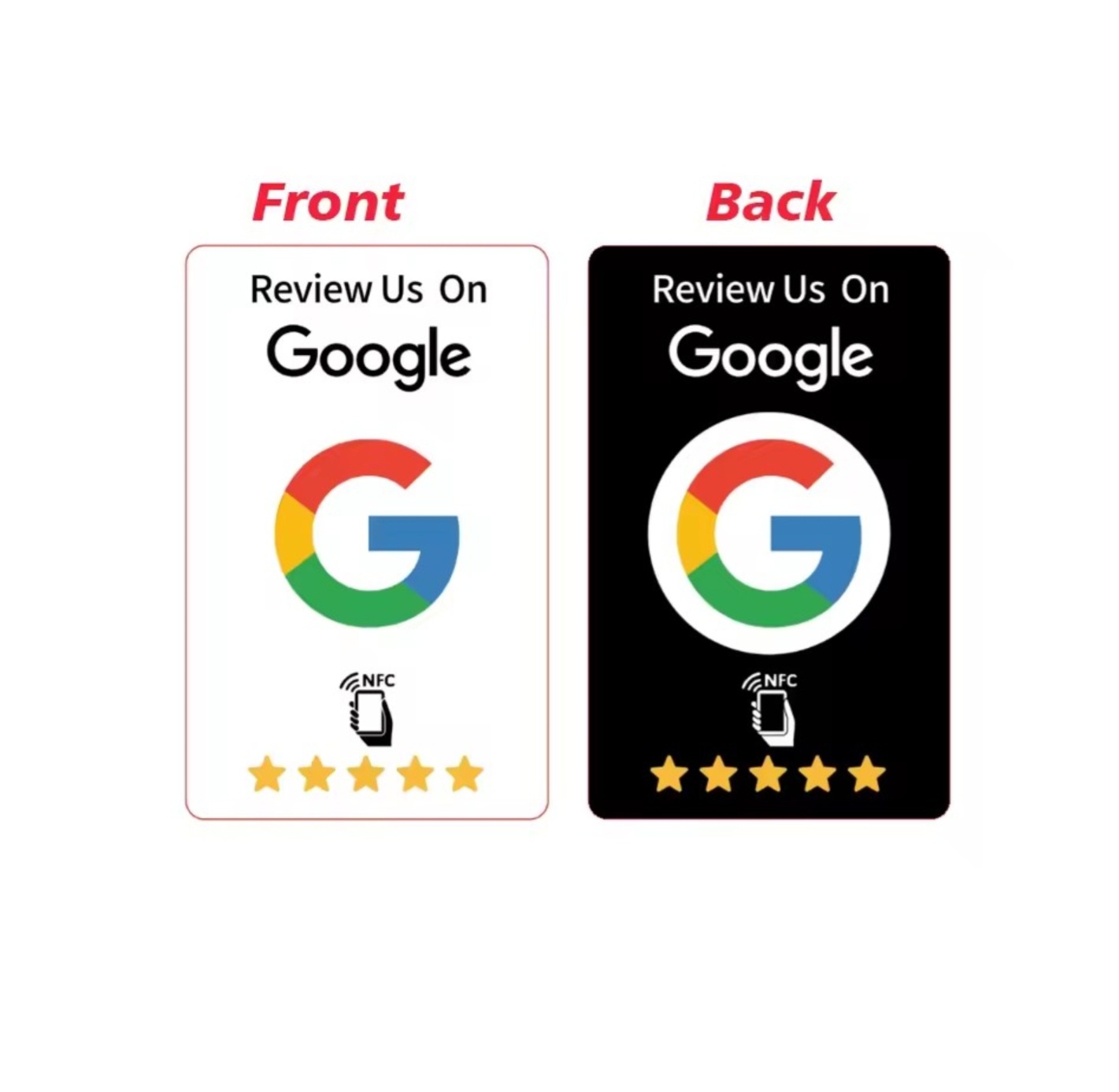 Carta NFC Google Review fronte bianco e retro nero