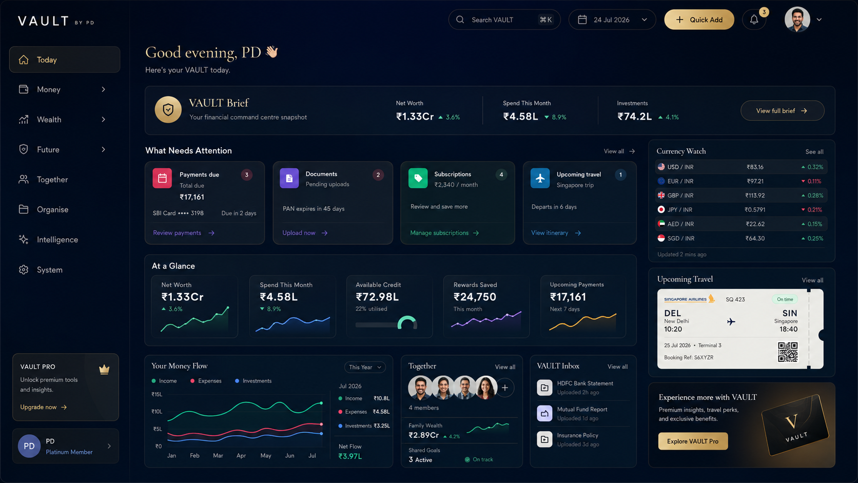 VAULT Command Centre — premium Midnight Luxe dashboard