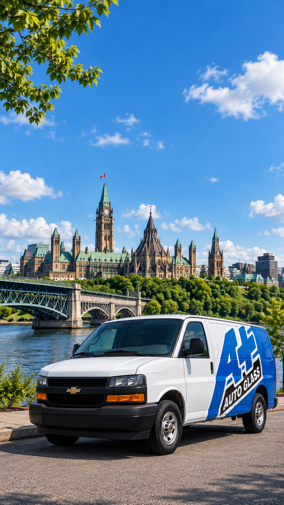 A+ Auto Glass mobile service van in front of Parliament Hill, Ottawa