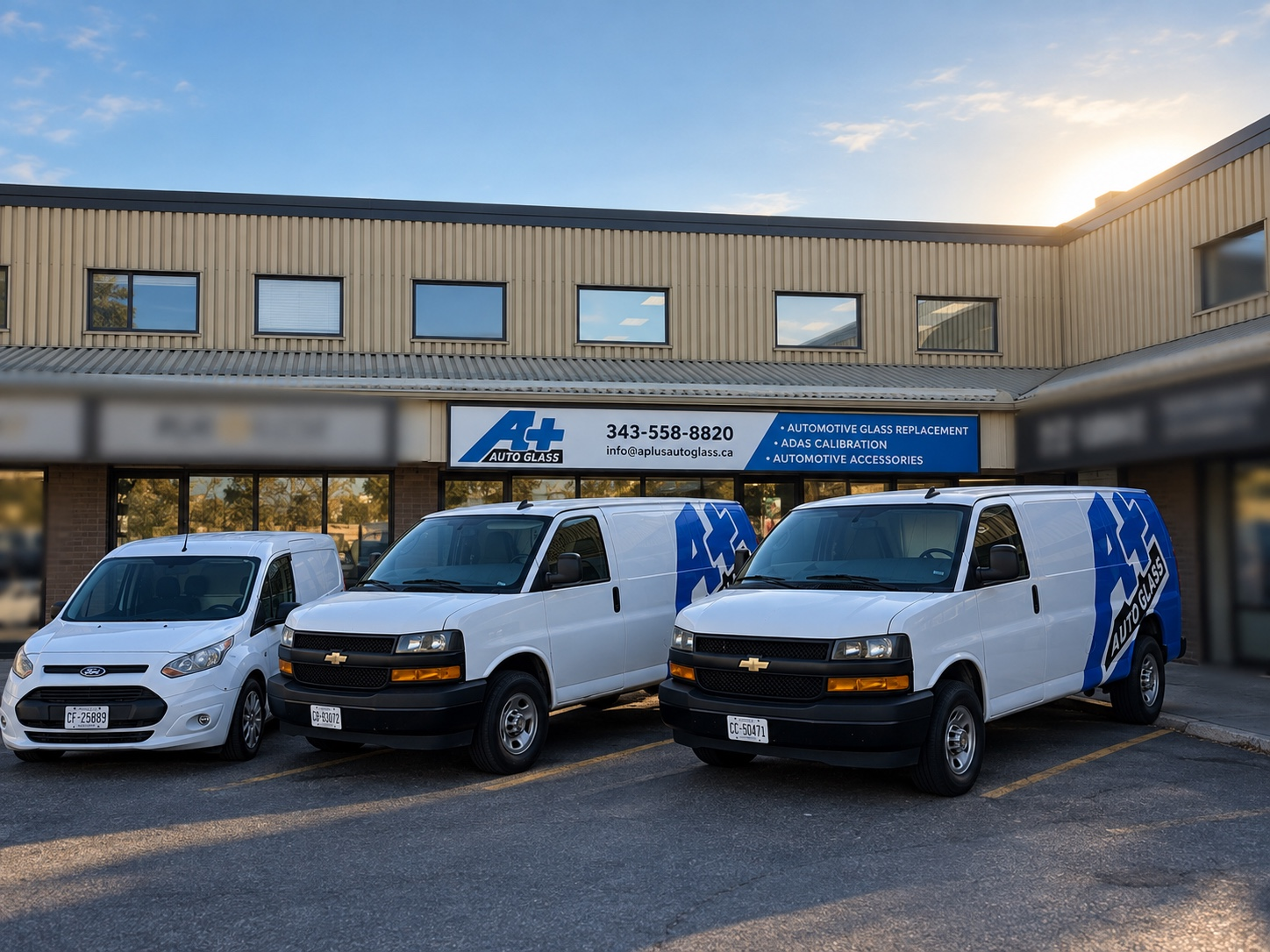 A+ Auto Glass mobile service fleet parked at the Orléans shop in Ottawa