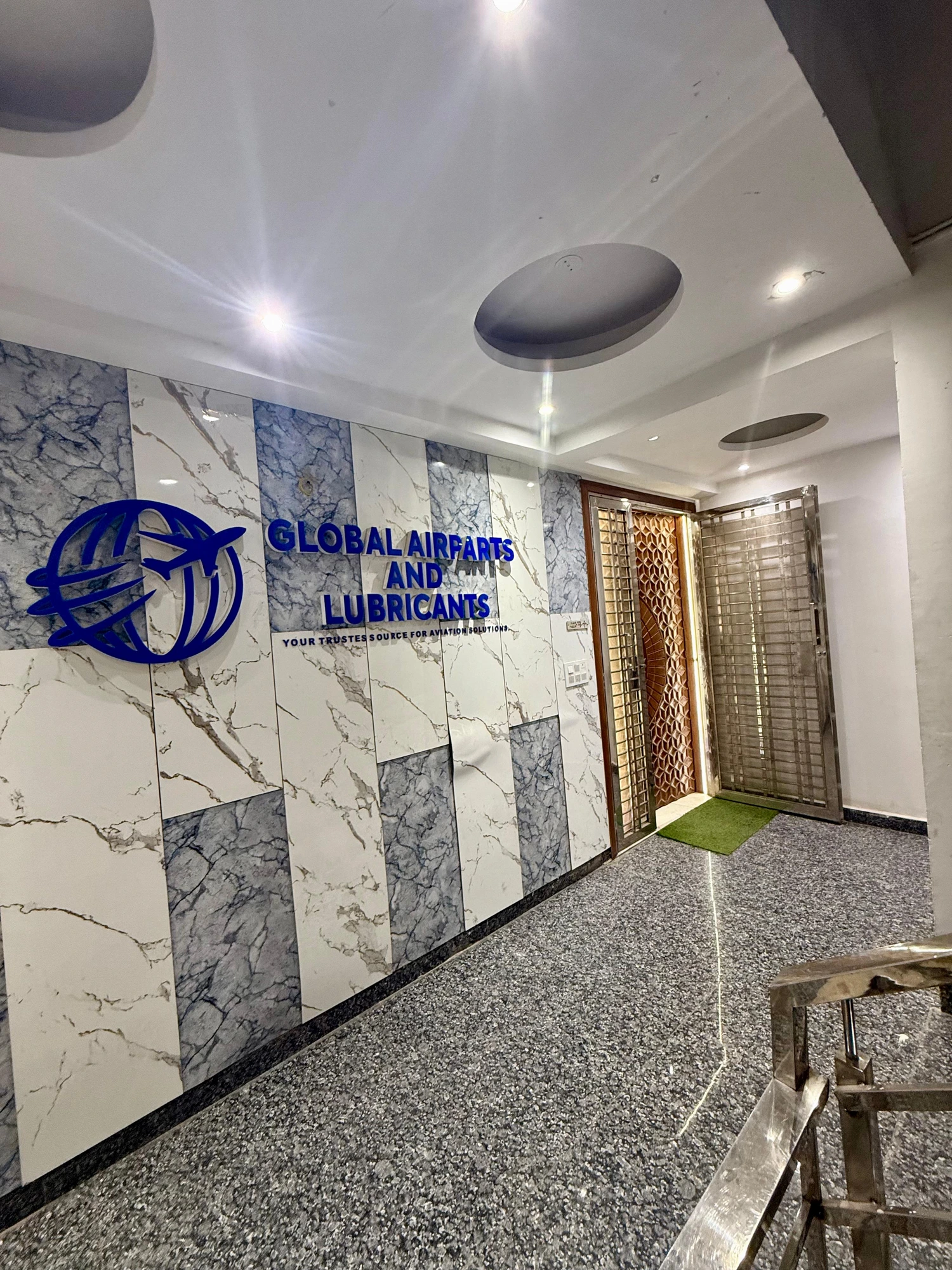 Entrance lobby with Global Airparts & Lubricants signage, New Delhi office