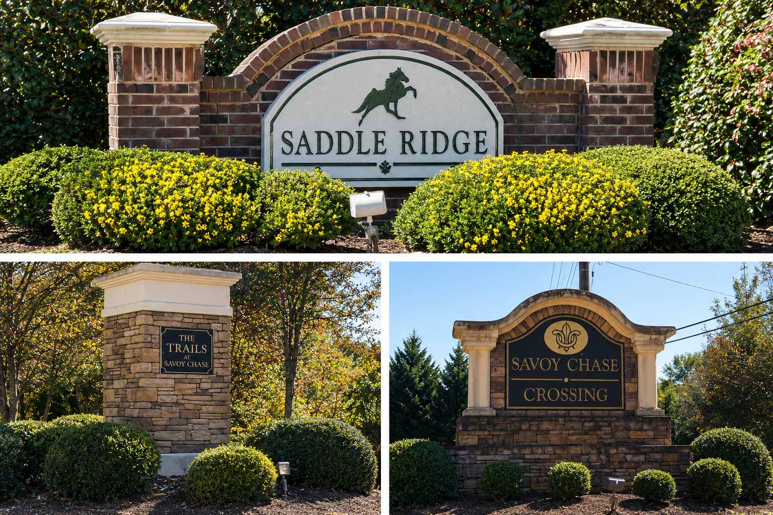 Saddle Ridge, Savoy Chase Crossing, and The Trails at Savoy Chase — three neighborhood entrances