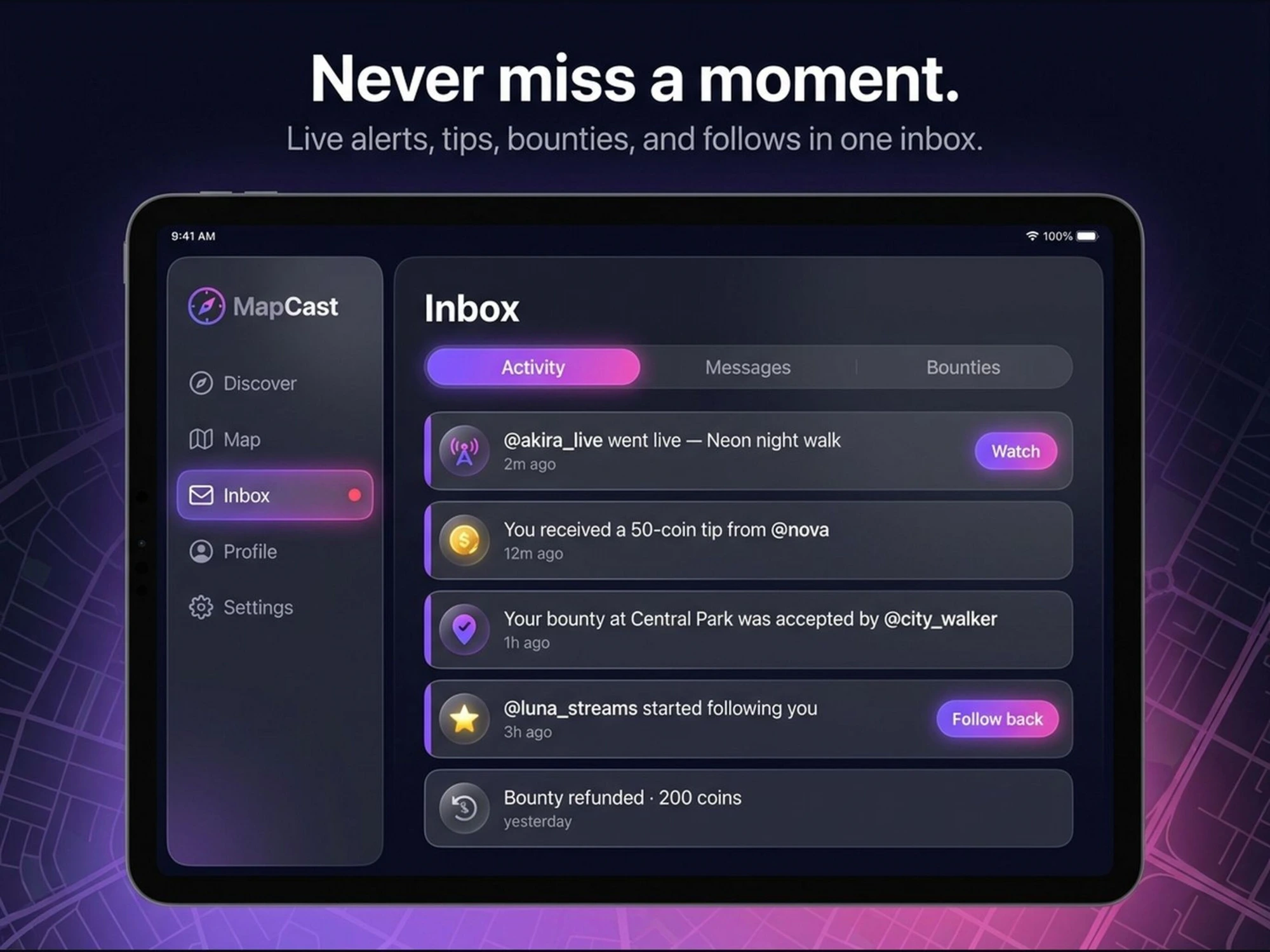 MapCast inbox with live alerts, tips and bounties