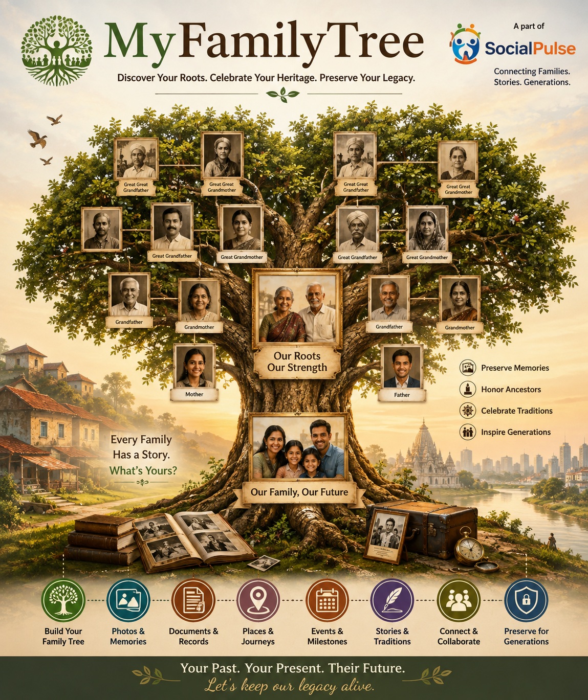 Illustration of a multi-generational family tree with portraits of ancestors, ancestral village, city skyline, and icons of memories, records, journeys and traditions