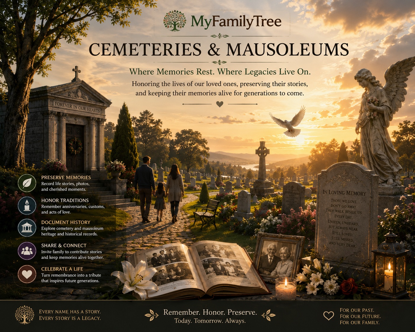 A cinematic dusk illustration of a family walking through a peaceful cemetery with a mausoleum inscribed 'Forever in our hearts', a marble angel statue, a dove in flight, an open photo album with a portrait, lit candles, a headstone reading 'In Loving Memory', and five icons naming Preserve Memories, Honor Traditions, Document History, Share & Connect, Celebrate a Life.