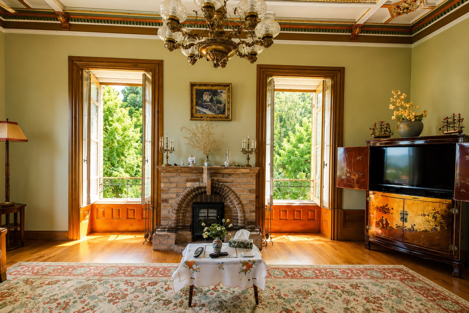 Sala de estar verde com lareira e chandelier