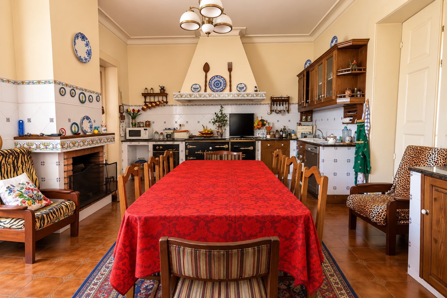 Cozinha ampla com lareira, azulejos e mesa comprida