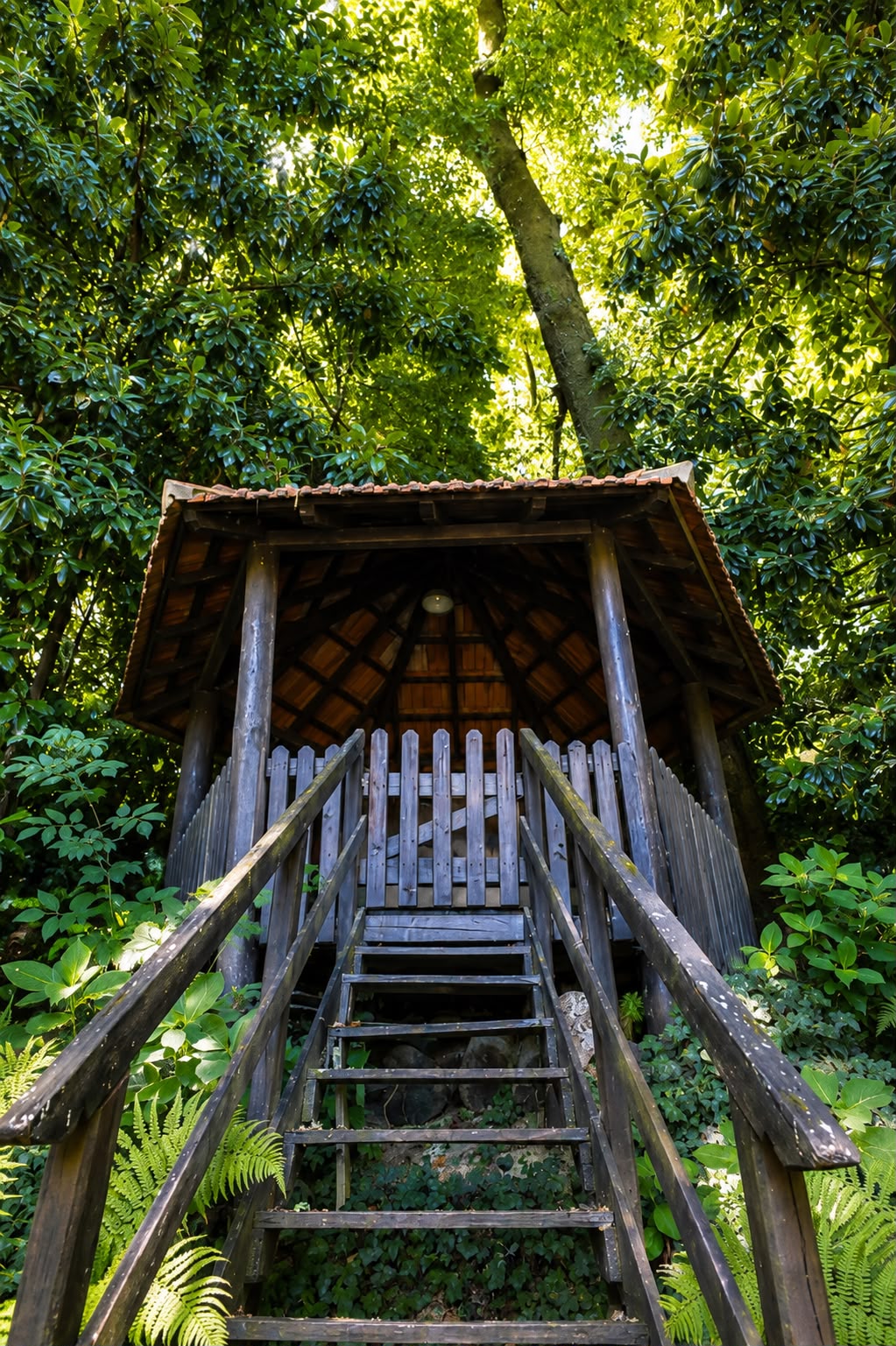 Casinha de madeira no meio da floresta