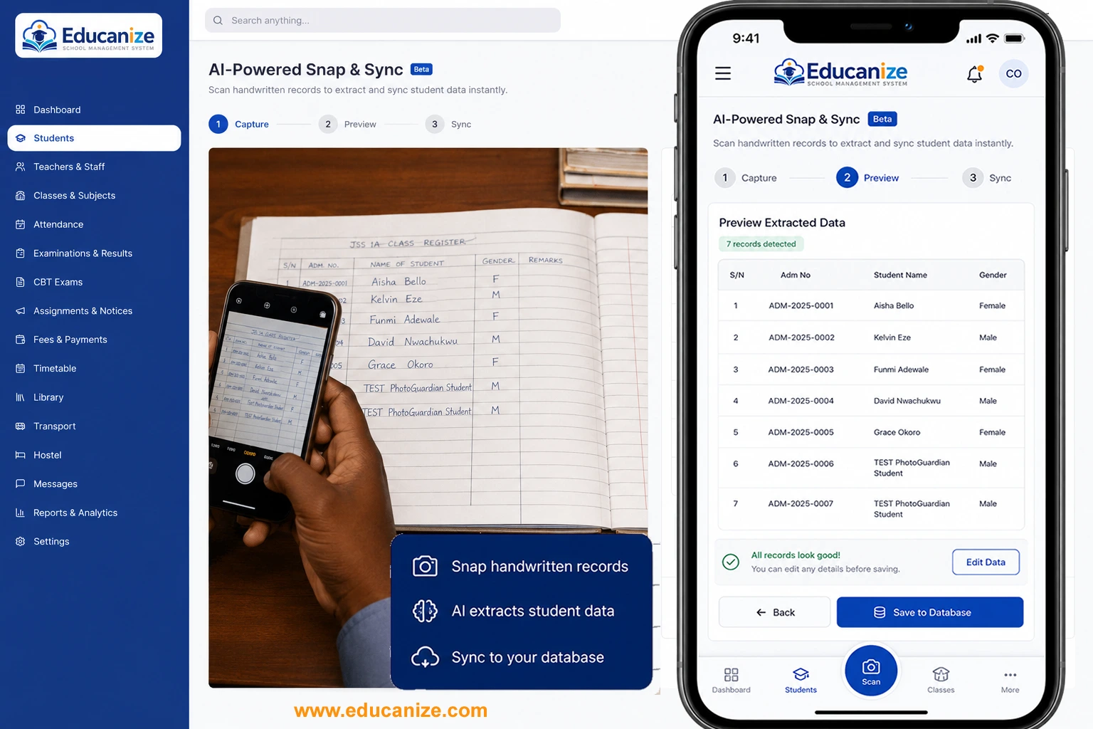AI-Powered Snap & Sync — capture handwritten class register with your phone, AI extracts every student row, review and save to database