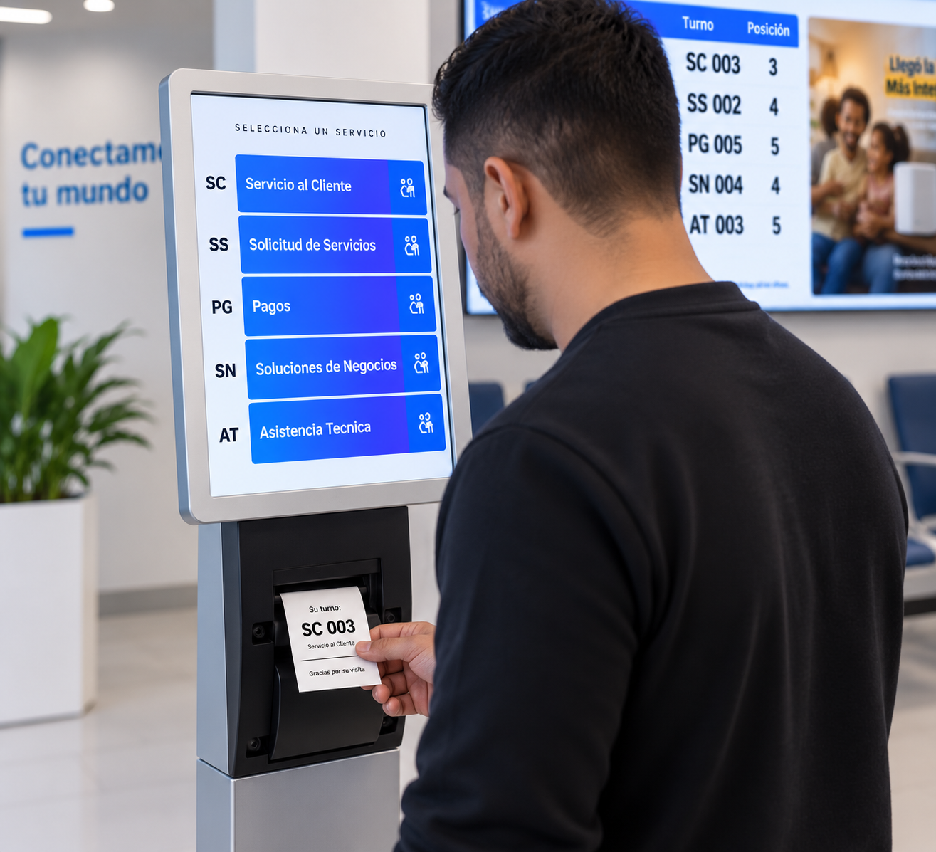 Kiosko digital AuraQR con pantalla de servicios y TV de turnos en sala de espera