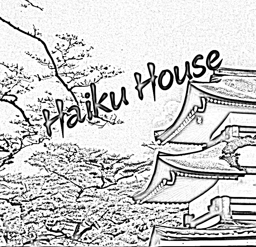 Haiku House — ink sketch of a Japanese temple and blossoming tree