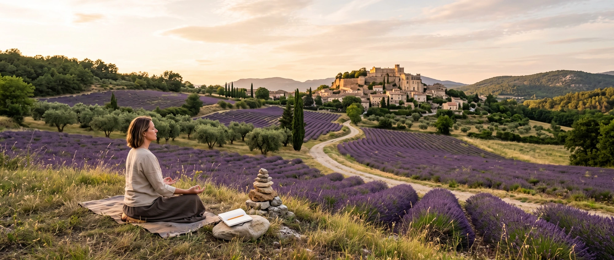 Retraite spirituelle en Drôme provençale — méditation en groupe sur terrasse avec vue panoramique sur les champs de lavande et un village perché