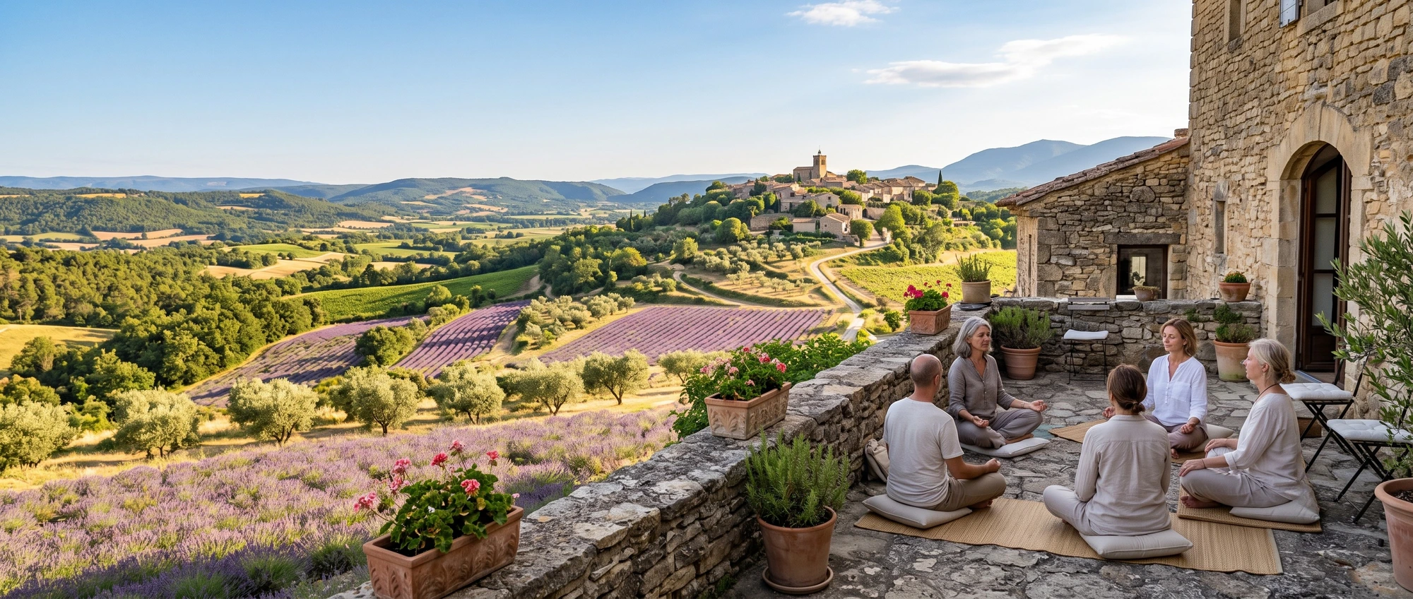 Retraite spirituelle dans le sud de la France — femme en méditation dans un champ de lavande au coucher du soleil, avec village provençal perché en arrière-plan