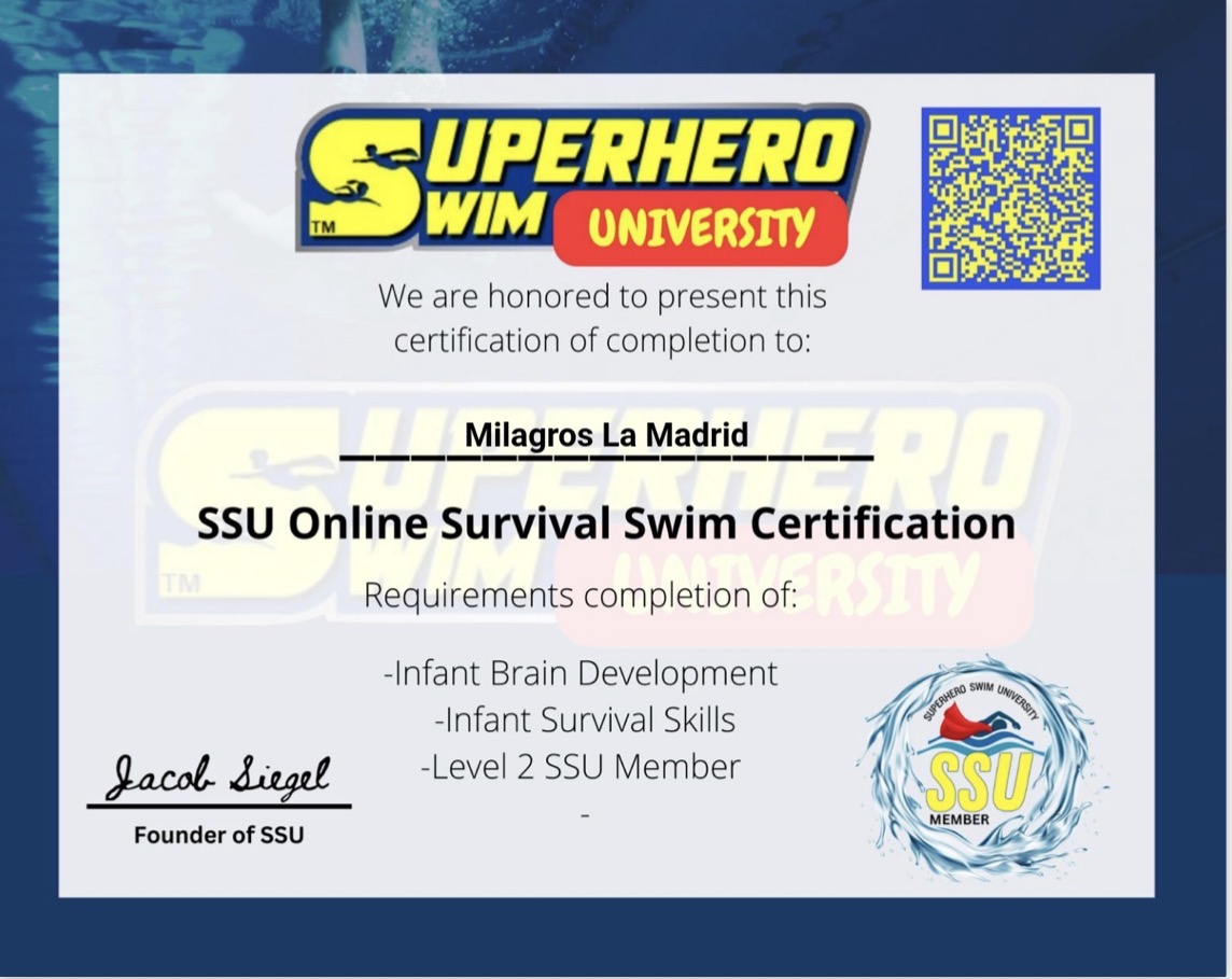 Superhero Swim University — SSU Online Survival Swim Certification awarded to Milagros La Madrid