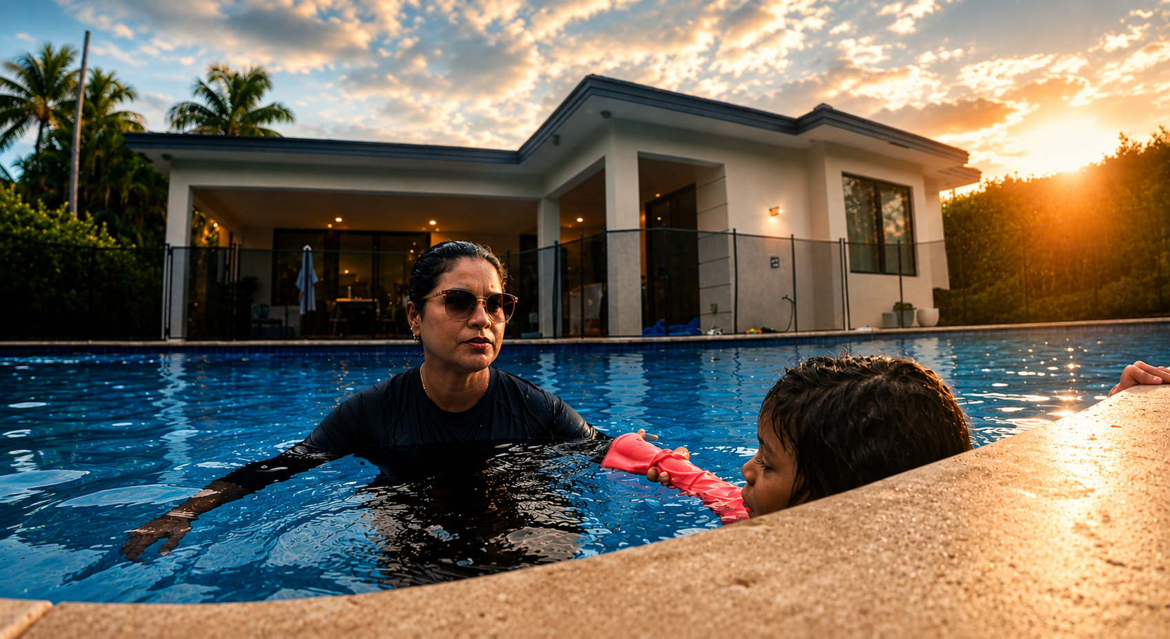 A private swim lesson in a Boca Raton backyard at sunset