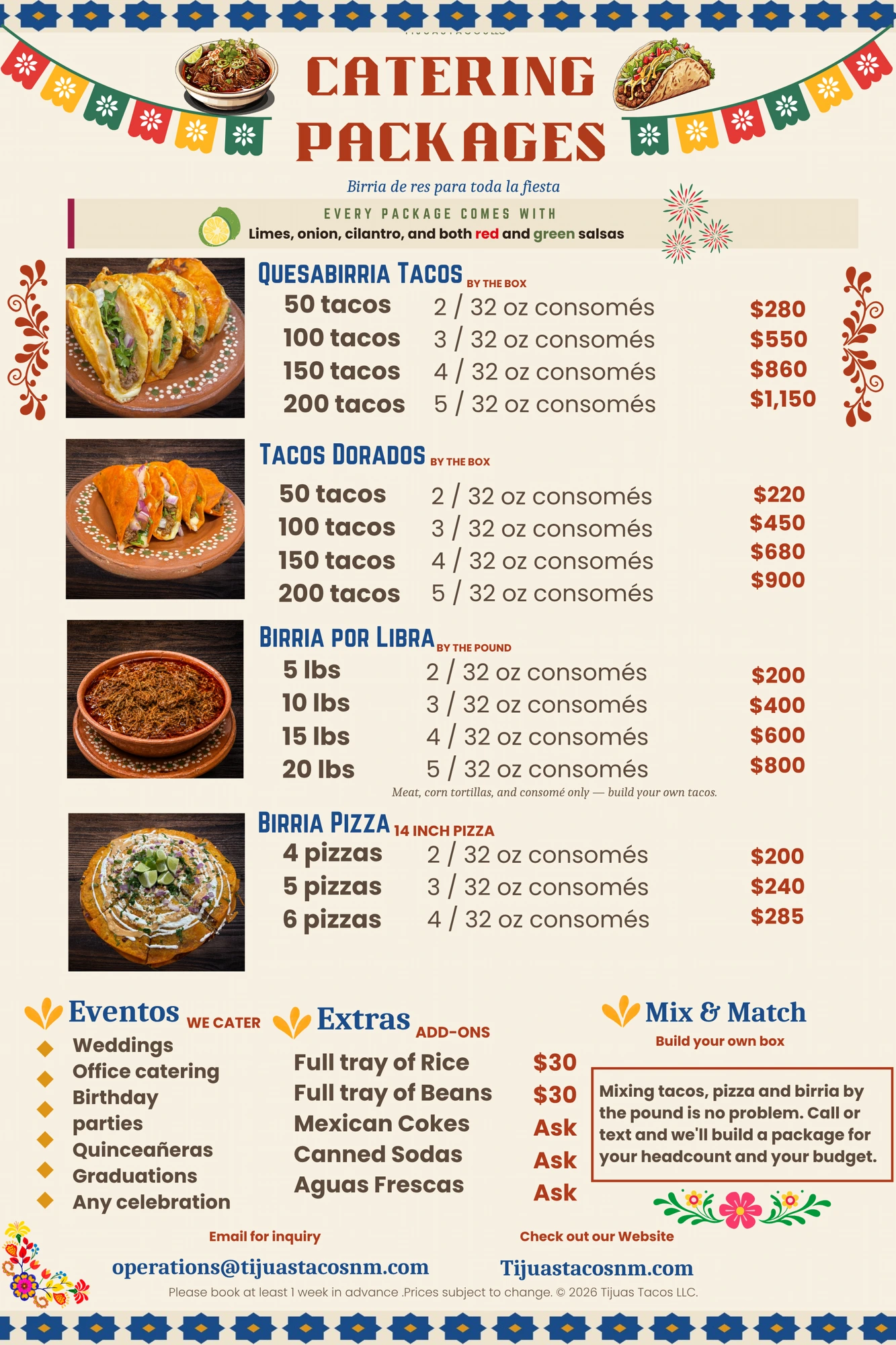 Tijuas Tacos Birrieria printed catering packages board with prices