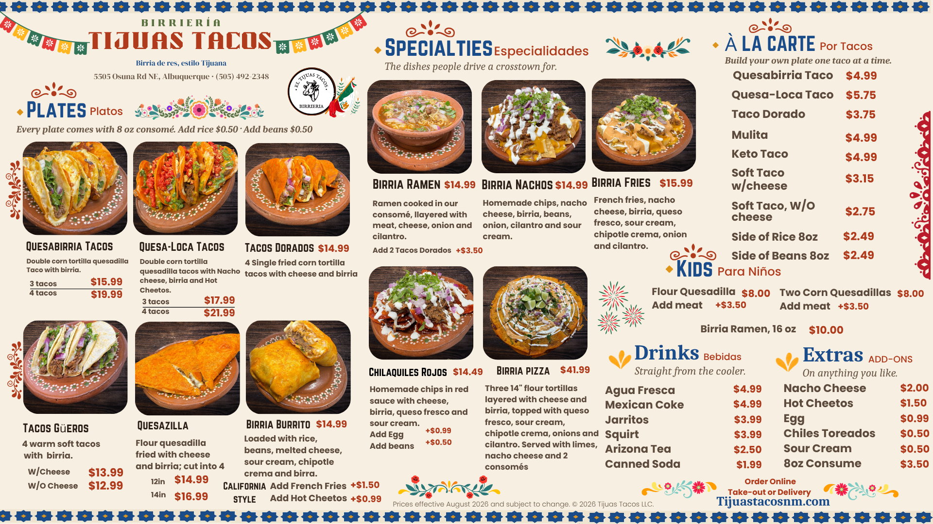 Tijuas Tacos Birrieria printed menu board with all plates, specialties, a la carte items, kids meals, drinks and extras