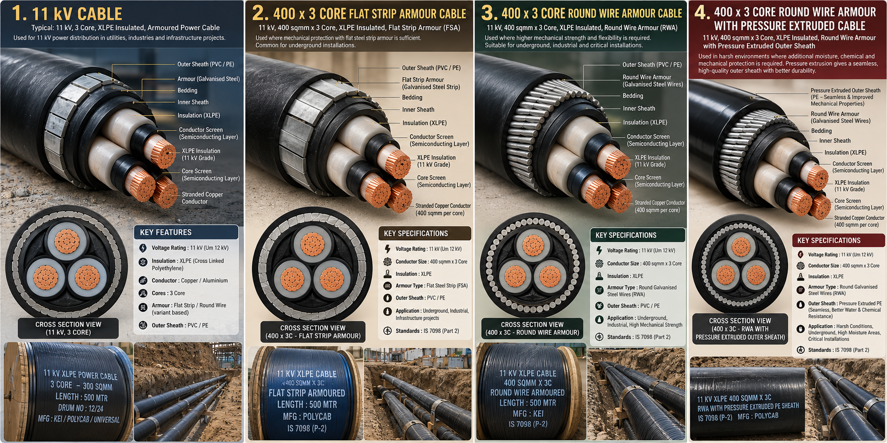 11 kV XLPE 3-core cable family comparison — FSA, RWA and pressure-extruded sheath