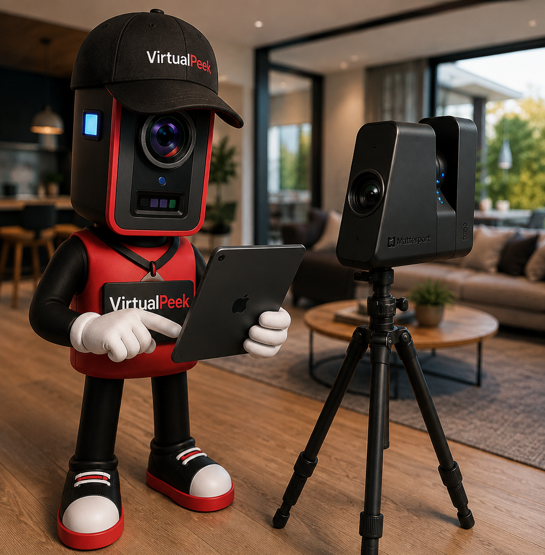 Mascotte VirtualPeek et caméra Matterport Pro3 - Visite virtuelle 360 Hérault