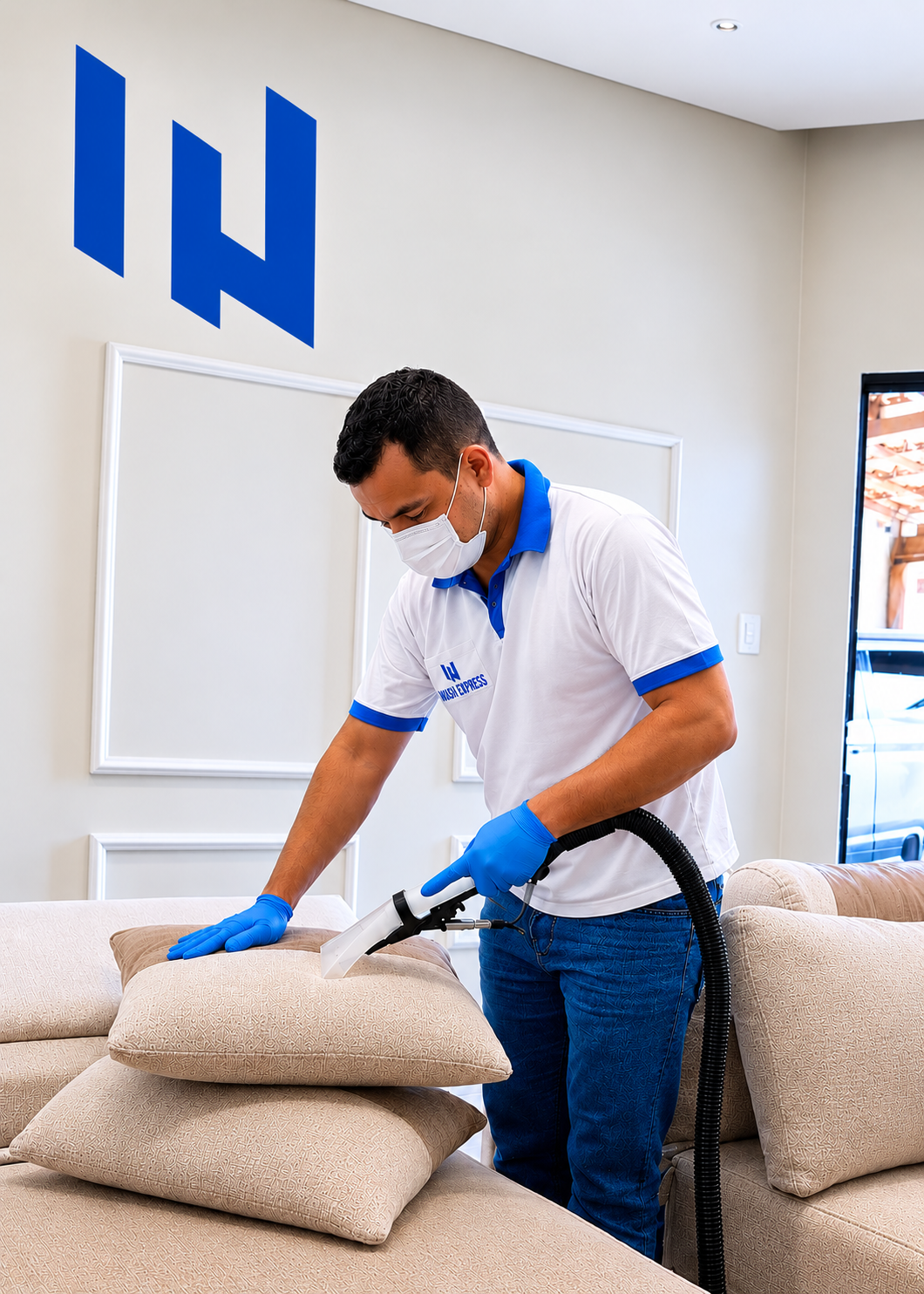 Técnico Wash Express uniformizado higienizando estofado