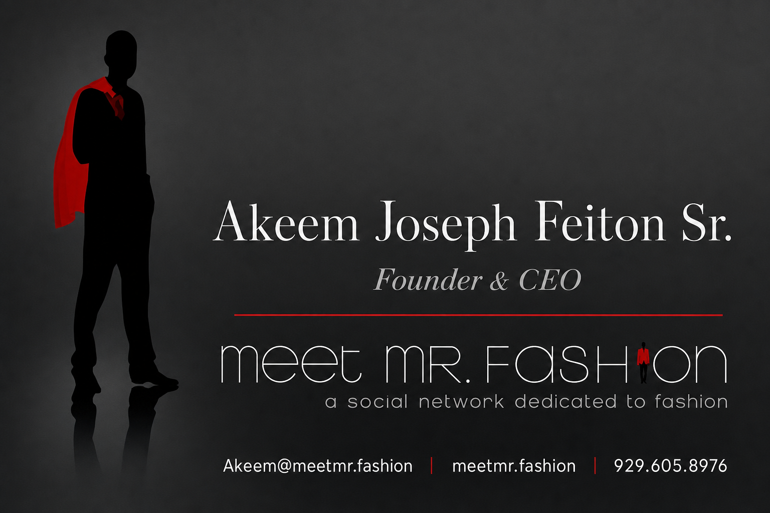 Akeem Joseph Feiton Sr. Founder and CEO business card for Meet Mr. Fashion